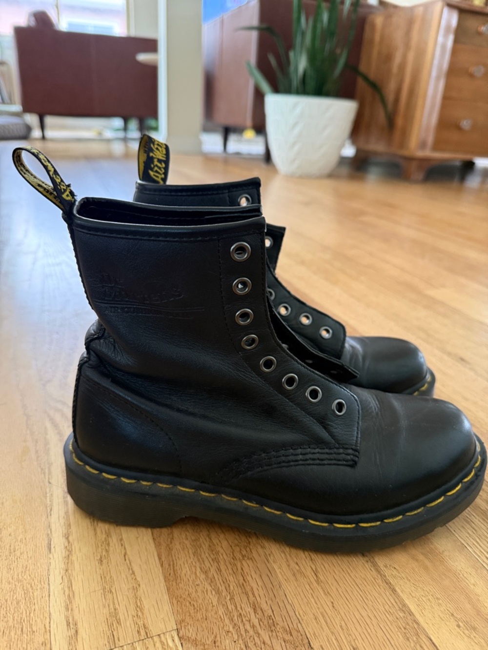 Dr. Martens Black Leather Lace-Up Boots with Yellow Stitching UK 5/ US 7